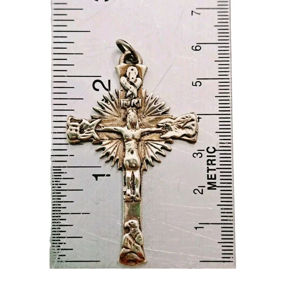 925 Sterling Silver Large Vintage Old Crucifix Cross Rays Religious Pendant